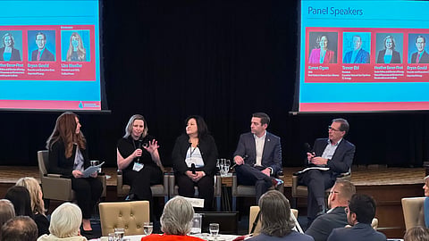 A panel of oil and gas industry insiders at the Calgary Petroleum Club on February 26, 2026. (Left to right): Lisa Mueller (President and CEO of FutEra Power Corp.), Heather Exner-Pirot (Senior fellow and Director of Energy, Natural Resources and Environment at the Macdonald-Laurier Institute), Karen Ogen (CEO of First Nations Natural Gas Alliance), Trevor Ebl (President of Canadian Natural Gas Pipelines, TC Energy), and Bryan Gould (Founder and Executive chair of Aspenleaf Energy).