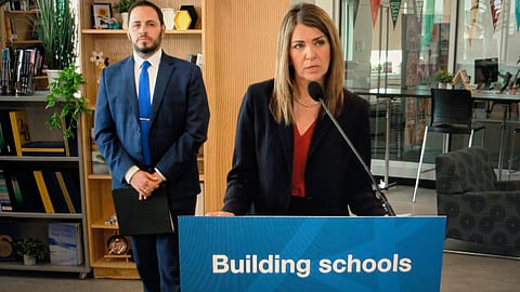 Alberta Premier Danielle Smith and Education Minister Demetrios Nicolaides at a press conference on March 5 2026