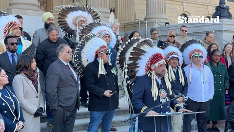 Alberta First Nations chiefs gathered with Alberta NDP MLAs outside of the legislature building. 