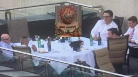 Clockwise, Jason Nixon, Tyler Shandro, Jason Kenney, Travis Toews, and an unidentified guest on the rooftop patio of the “Sky Palace”