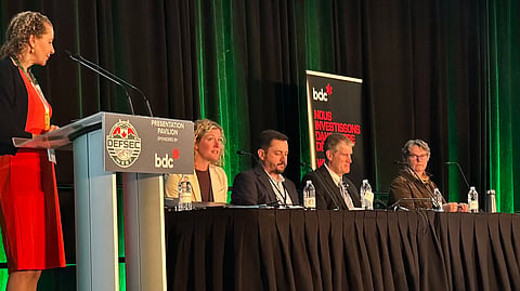 Aminah Robinson Fayek, VP Research, University of Alberta (far left), Lindsay Smith, Director, Space, Marine and Defence - Innovation, Science & Economic Development Canada, Defence, Diogo Brandao, Senior Director Policy - Defence Investment Agency, Jason Hann, Deputy Director, Defence Exports Division - Global Affairs Canada, and Wendy Hadwen, Assistant Deputy Minister (Policy-Industry) - Department of National Defence, at DEFSEC West in Calgary on March 25, 2026. 