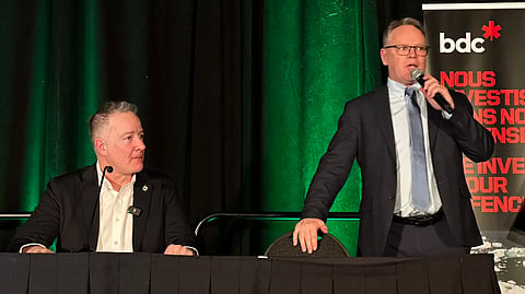 Canadian Secretary of State for Defence Procurement Stephen Fuhr (left) with Colin Stephenson, Executive Director of DEFSEC West in Calgary on March 26, 2026. 