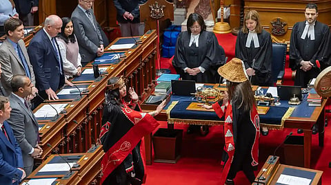 BC Premier David Eby and his cabinet watch dancers from the K’omoks First Nation during a ceremony to introduce their treaty with BC and Canada for ratification in the BC legislature, April 14, 2026.