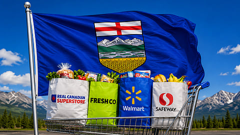 Alberta flag background with FreshCo, Supertstore, Walmart and Safeway bags in a gorcery cart