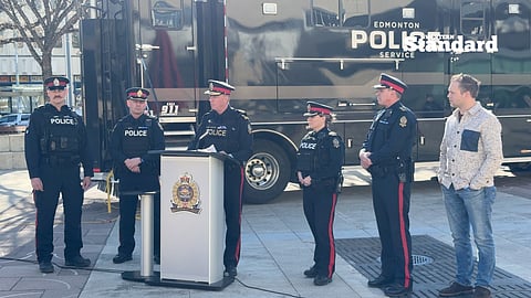 Police Chief Warren Driechel and EPS officials speaking to reporters. 