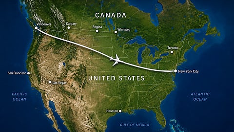 North American flight route map with notable cities highlighted.