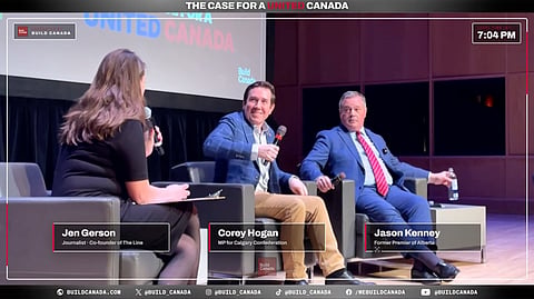Jason Kenney and Corey Hogan speaking to Jen Gerson at their fireside disgussion against Alberta independence. 