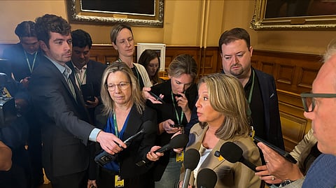 Stiles speaking to reporters at Queen's Park