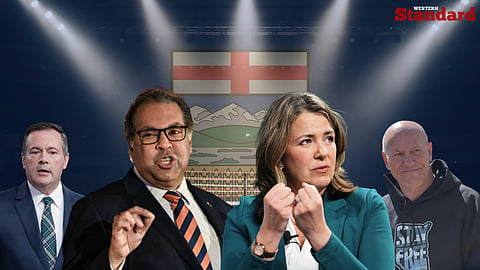 Jason Kenney, Naheed Nenshi, Danielle Smith, and Mitch Sylvestre placed in front of an Alberta flag
