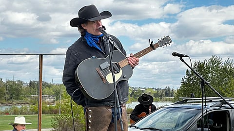 Country singer Corb Lund at an event for his anti-coal campaign at The Confluence in Calgary on May 17, 2026. 
