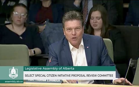 Thomas Lukaszuk speaking to the committee assigned to review his Forever Canadian petition. 
