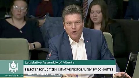 Thomas Lukaszuk speaking to the committee assigned to review his Forever Canadian petition. 