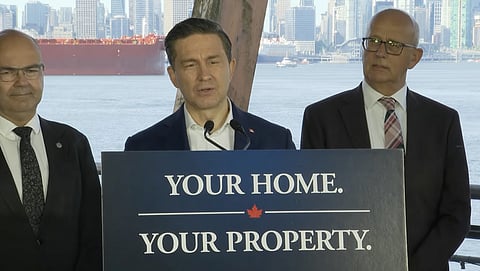 Conservative Leader Pierre Poilievre speaks during a press conference in North Vancouver on Thursday, May 21, 2026, calling on the federal government to strengthen protections for private property rights.