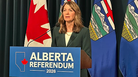 Danielle Smith speaking to reporters after announcing her referendum question regarding Alberta independence the day prior. 