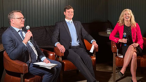 Keith Wilson (left), Fergus Hodgson, and Eva Chipiuk at the Bourbon Room in Calgary on May 25, 2026. 