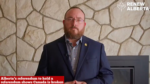 A screenshot of Renew Alberta President Matthew Rowley speaking in a video about Alberta independence. 