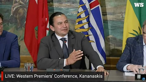 Wab Kinew speaking during a press conference at the Western Premiers' Conference. 