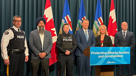 Public Safety Minister Mike Ellis, Calgary Police Chief Katie McLellan, Edmonton Police deputy chief Nicole Chapdelaine, ALERT Technology & Investigative Support Director Blayne Eliuk, Dashmesh Cultural Centre — Ranbir Singh Parmar
