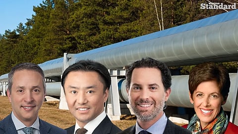 Corey Code (left), executive vice-president and CFO of Ovintiv, Kentaro Toyokawa, CEO of Diamond Gas Management Canada Ltd., Scott Burrows, president and CEO of Pembina Pipeline Corporation, and Deborah Yedlin, Calgary Chamber of Commerce CEO, did a panel together at the Calgary Energy Roundtable on May 28, 2026. 