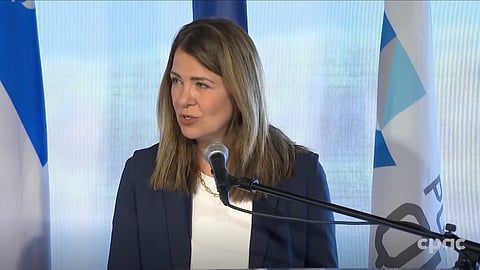 Premier Danielle Smith speaking to Quebec buisness owners at an event in Quebec City. 
