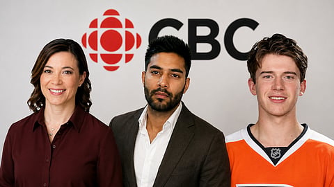 From left to right: CBC reporter Karen Pauls, convicted felon Jaskirat Singh Sidhu, and NHL goaltender Carter Hart