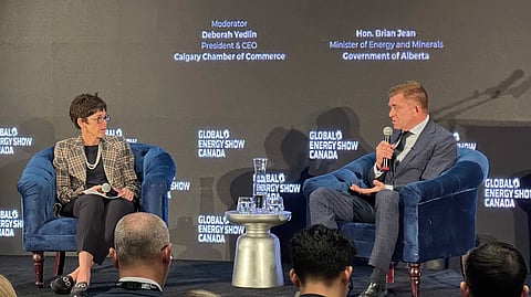 Alberta Energy Minister Brian Jean (right) during a panel discussion with Deborah Yedlin, CEO of the Calgary Chamber of Commerce at the Global Energy Show in Calgary on June 10, 2026. 