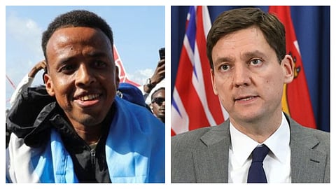 Left: Somali referee Omar Abdulkadir Artan, the first from his country selected to officiate at a FIFA World Cup, who was denied entry to the United States over security vetting concerns. Right: B.C. Premier David Eby, who offered to welcome Artan to referee in Vancouver and described him as someone who had “overcome” hardship — comments that sparked online jokes the premier had mistaken the professional referee for a refugee.