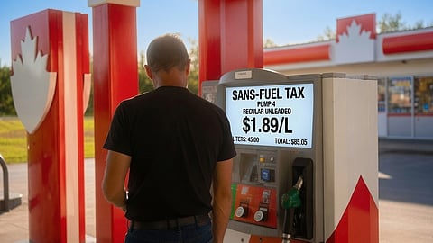 An image of a man filling their car without Alberta's fuel tax  at a gas pump.
