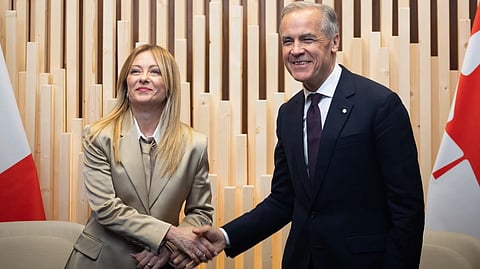 Prime Minister Mark Carney and Italian Prime Minister Giorgia Meloni at the G7 Leaders' Summit on June 16, 2026. 