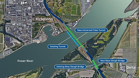 Proposed route for the new eight-lane immersed tube tunnel under the Fraser River between Richmond and Delta, replacing the existing George Massey Tunnel. Early works are underway on Deas Island.