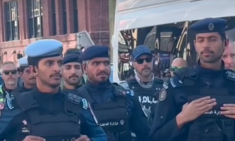 Qatari security forces troop around BC Place following Canada's 6-0 victory on June 18, 2026.