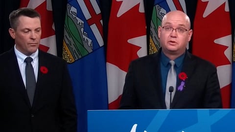 Minister Searle Turton, joined by former Finance Minister Nate Horner, speaking to Albertans when announcing new financial supports for Albertans in 2024. 