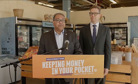 Alberta NDP Leader Naheed Nenshi and MLA Marlin Schmidt introducing the party's grocery affordability plan. 