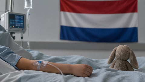 child in hospital; Netherlands flag