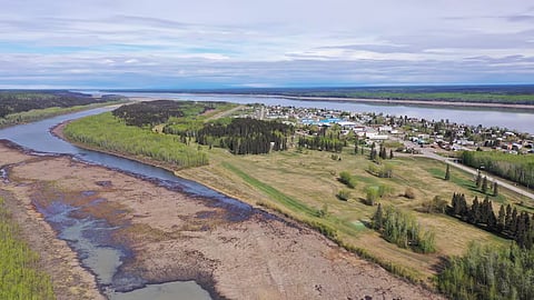 An overhead view of Fort Simpson, North West Territories. 