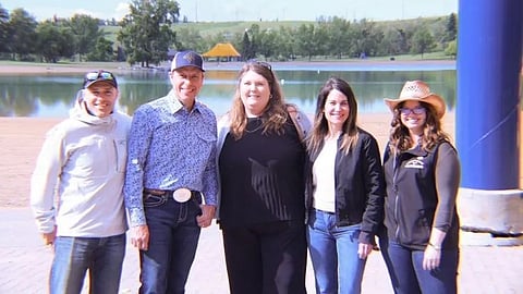 Left to right: Michael Roycroft (regional director, Ministry of Forestry and Parks), Minister Todd Loewen, Katelyn Junkin (senior project manager, Ministry of Forestry and Parks), Jodi Reade (senior manager, Ministry of Forestry and Parks), Katrina Terrill (executive director, Friends of Fish Creek Provincial Park Society).