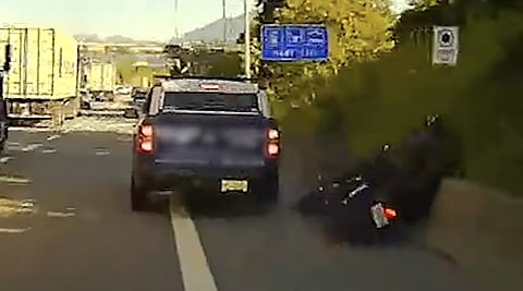A Chilliwack motorcyclist is facing fines, a seven-day vehicle impound and a damaged Harley-Davidson after an illegal pass on the shoulder of Highway 1 ended with a crash into a pickup truck in Vancouver.
