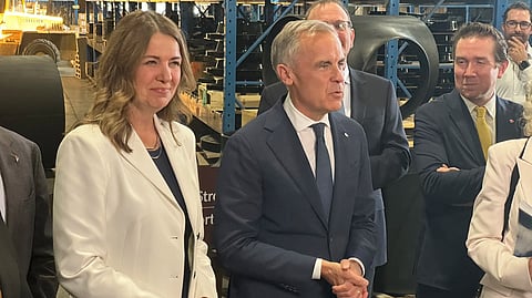 Prime Minister Mark Carney and Premier Danielle Smith in Calgary on July 2, 2026. 