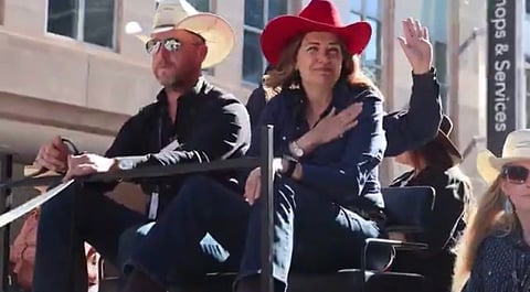 Danielle Smith riding in the 2026 Calgary Stampede parade. 