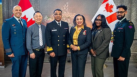 Black History Month Event 2026 Speakers (From left to right: Colonel Bishop, Andrew Au, Rear-Admiral Olivier, Rosemary Sadlier, Charlene Engmann and Major Carter.)
