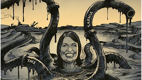Globe cartoon depicting Danielle Smith as oil-octopus