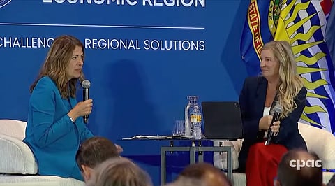 A screenshot of Premier Danielle Smith speaking at the PNWER summit in Edmonton. 