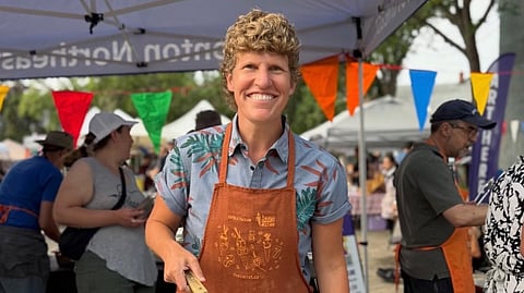 Alberta NDP MLA Janis Irwin serving "regular pancakes only, no fascist pancakes here," at a breakfast in Edmonton. 