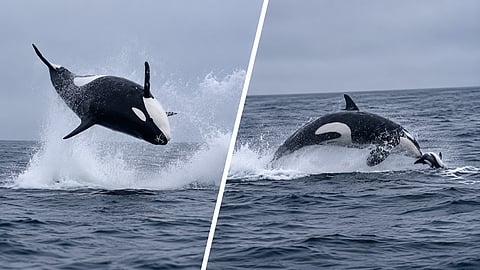 Killer whales launching dolphins into the air during a high-speed hunt.