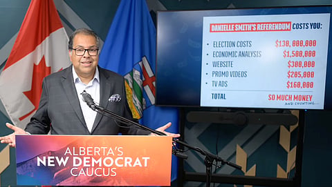A screenshot of Naheed Nenshi speaking about his decision to run in Calgary in 2027. 