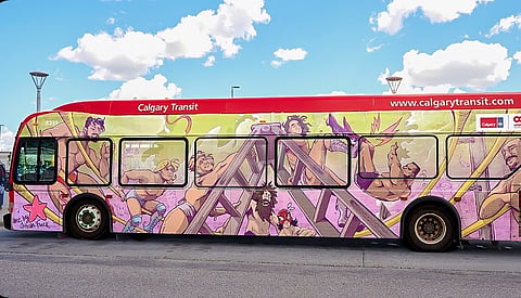 Jillian Fleck's "Wrestle Bus", one of 14 2026 Calgary Transit Art Buses 