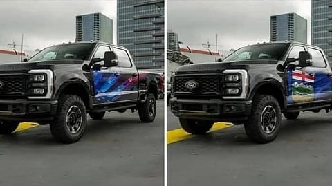 A side-by-side photo of Ford's  "Proud to Honor" package posted by Koch Ford and the satirical "Alberta Proud" variant. 