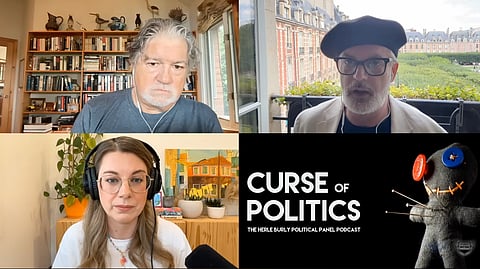 David Herle (left), Kory Teneycke, and Jordan Leichnitz (bottom left) during an episode of the Curse of Politics podcast. 
