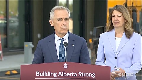 Prime Minister Mark Carney and Alberta Premier Danielle Smith in Red Deer on July 29, 2026. 