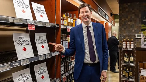BC Premier David Eby announces a ban on selected US alcohol products in private and government retail stores, March 2025.